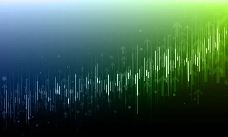 Abstract graphic of upward-trending data visualized with white bars and arrows on a dark teal to green gradient background.