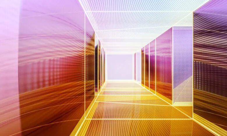 A futuristic, glowing corridor with reflective walls in shades of purple, orange, and yellow.