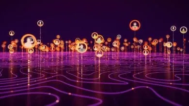 Digital network of people icons connected by glowing lines on a dark purple background.