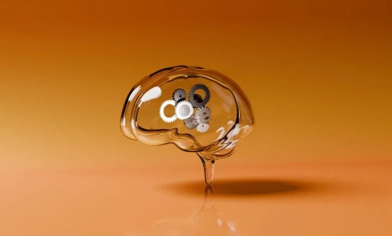 Glass brain shape with gears inside, against an orange background. Represents the mechanics of thought.