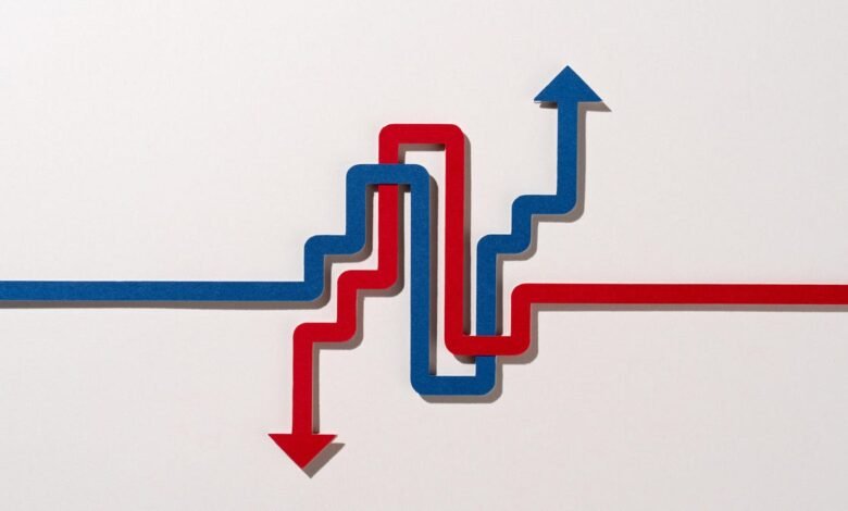 Red and blue arrows showing contrasting upward and downward paths against a white background.