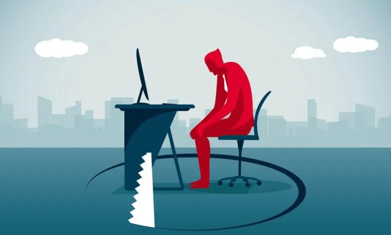 Depressed businessman sits at desk unaware of a hidden saw blade beneath him.