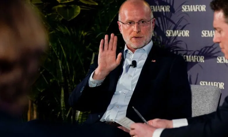 Fred Ryan, CEO of the Washington Post, gestures while speaking at a Semafor event.