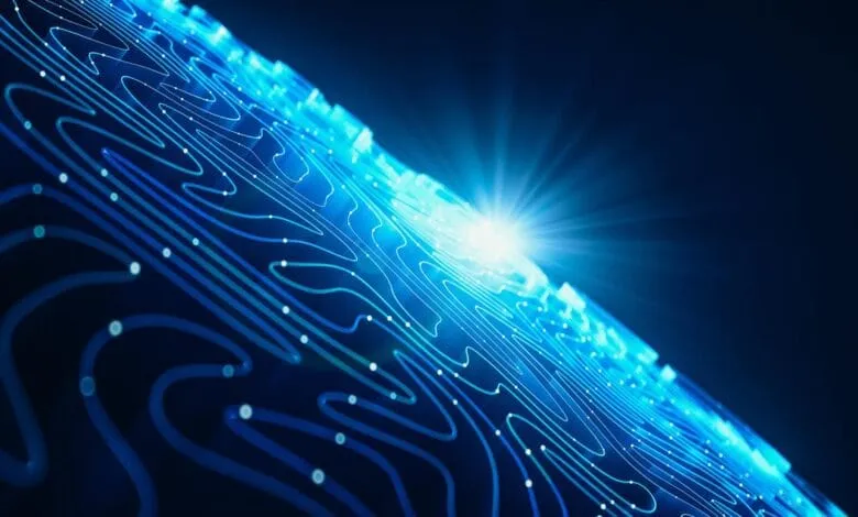 Abstract digital artwork featuring glowing blue lines and nodes forming a complex network pattern, radiating from a bright center.