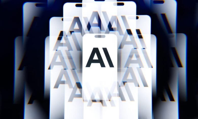 AI logo on phone screens with glitch effect, symbolizing mobile AI technology.