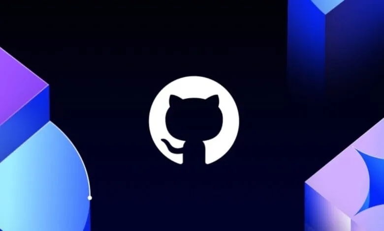 GitHub logo: a black cat silhouette in a white circle against a dark blue background with abstract shapes.