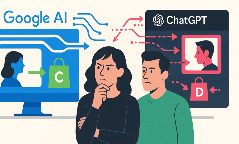 Illustration comparing Google AI and ChatGPT, showing a couple contemplating different shopping recommendations from each AI.