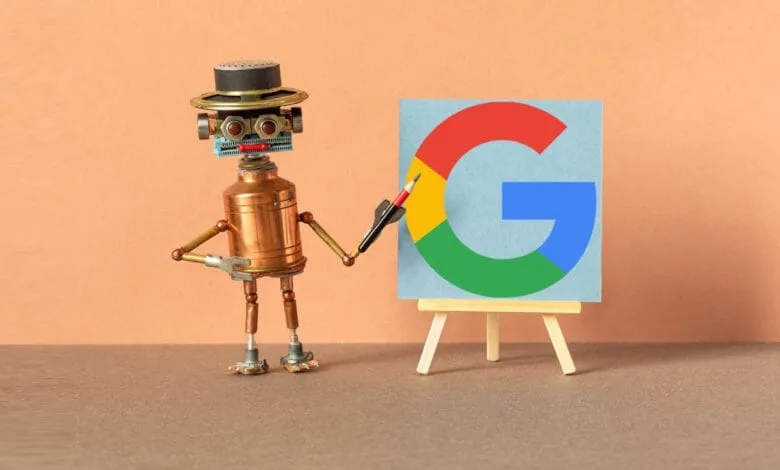 A steampunk robot points to a Google logo on an easel. The scene is set against a muted orange background.