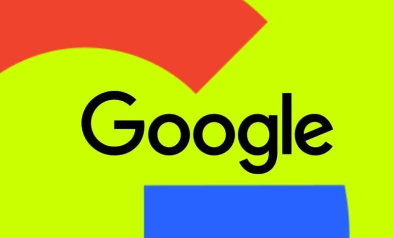 Google logo stylized with bold black lettering on a bright yellow background, accented with red and blue shapes.