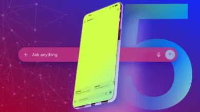 Smartphone displaying ChatGPT 5 interface, vibrant gradient background, 'Ask anything' prompt.