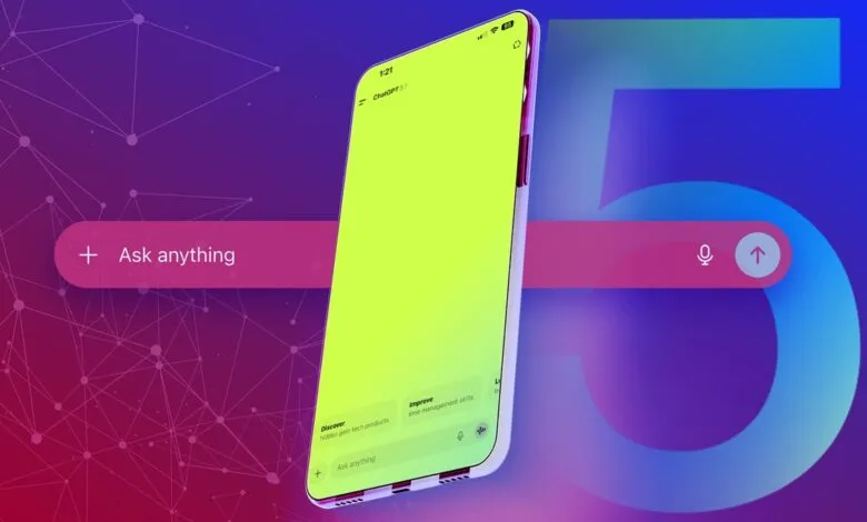 Smartphone displaying ChatGPT 5 interface, vibrant gradient background, 'Ask anything' prompt.