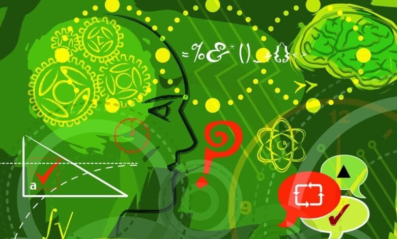 Abstract illustration of a head with gears, a brain, math symbols, and speech bubbles, all in shades of green and yellow.