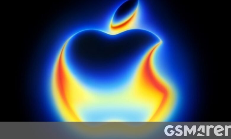 Apple logo engulfed in vibrant blue and orange flames, a stylized graphic.