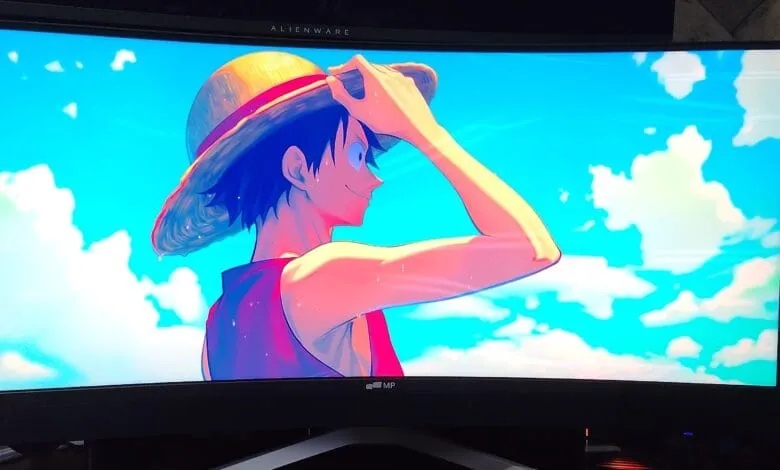 Anime character Monkey D. Luffy, from One Piece, shown from behind, adjusting his straw hat under a vibrant blue sky.