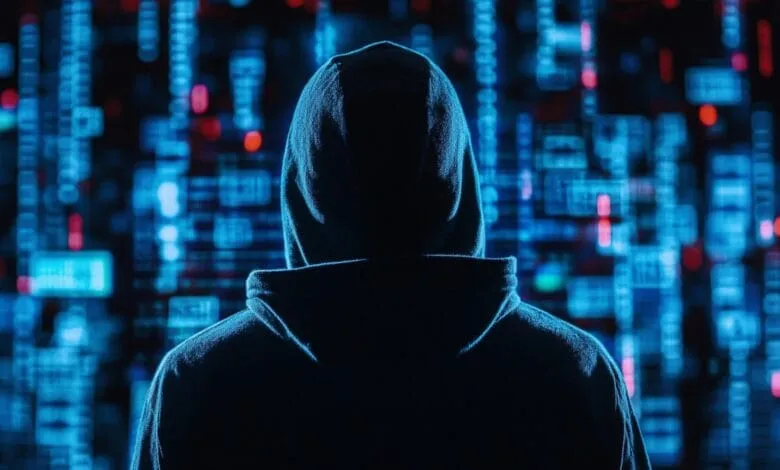 Silhouette of a hooded figure facing a wall of blue and red digital code, suggesting hacking or cybersecurity.