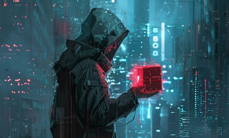 Cyberpunk-style figure in a hooded coat holds a glowing red cube against a futuristic city backdrop.
