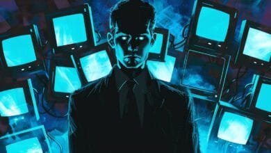 A stylized illustration of a man in a suit, his face illuminated, surrounded by glowing blue computer screens.