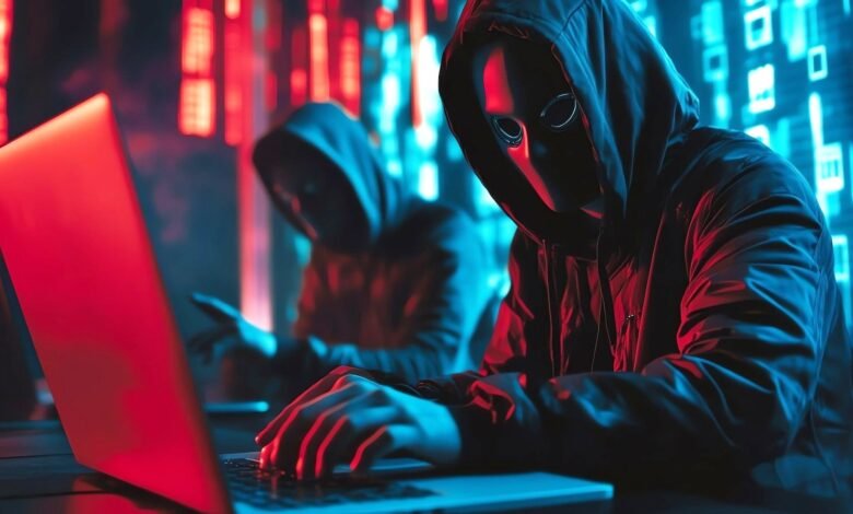 Two masked figures in hoodies use laptops in a dimly lit room with red and blue lighting, appearing to be involved in hacking.
