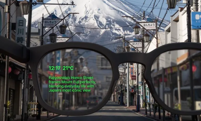 Smart glasses view of Fujiyoshida's Honco Street in Japan, with Mount Fuji in the background.