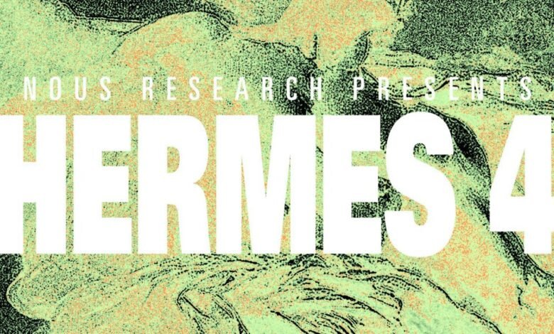 Hermes 4 announcement graphic by Nous Research, featuring white text on a green and orange marbled background.