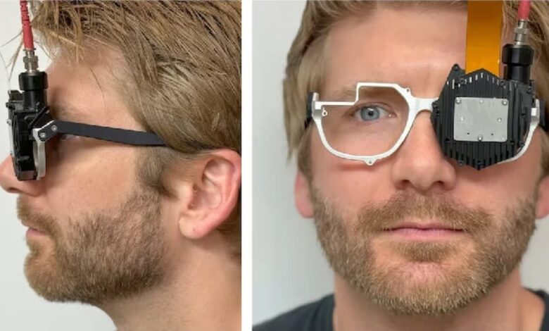 Man wearing prototype holographic glasses, side and front views. Black and white device attached to eyewear.