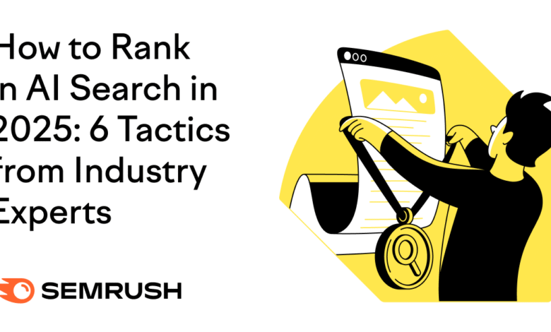 Illustration of person holding a large search result document with a magnifying glass medal, symbolizing top AI search ranking in 2025.