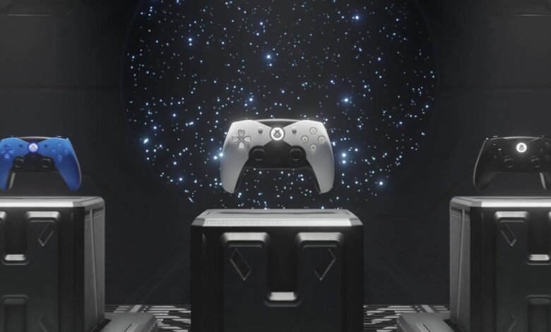 Three Xbox controllers in blue, white, and black, displayed on dark gray cubes against a starry backdrop.
