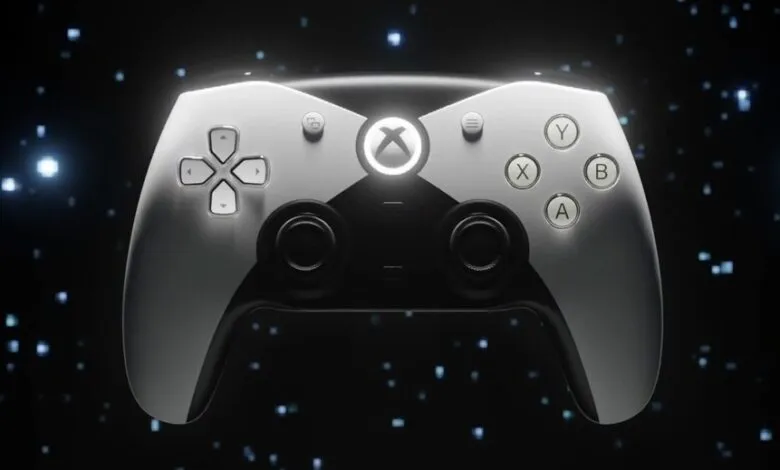 Sleek, modern gaming controller in gray and black, set against a dark, starry background.