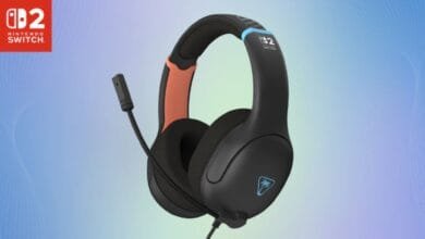 Black gaming headset with orange and teal accents, designed for Nintendo Switch.