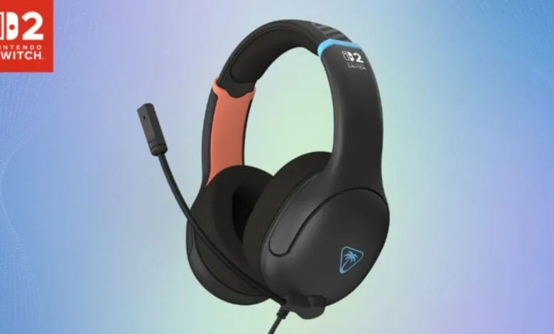 Black gaming headset with orange and teal accents, designed for Nintendo Switch.