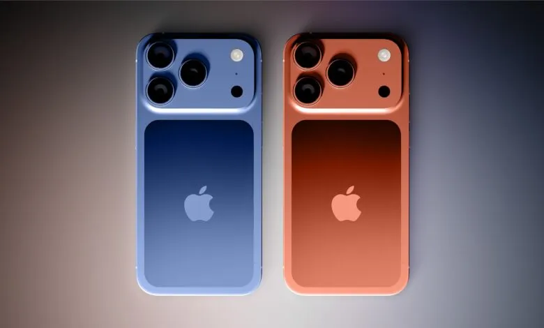 Concept design of iPhone 17 Pro in blue and orange, showcasing a triple-lens camera system.