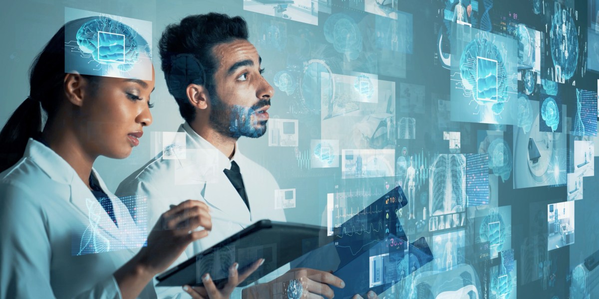 Two doctors review medical data projected as digital overlays on tablets, showcasing brain scans and medical imagery.