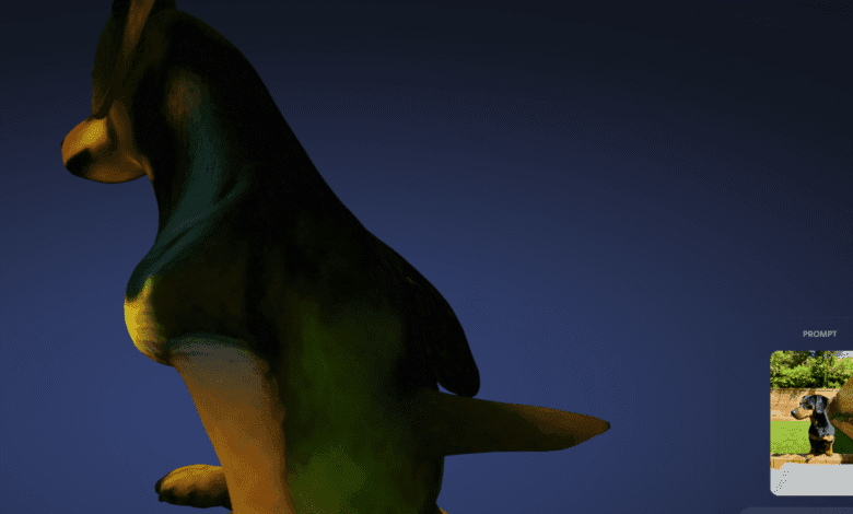 3D rendering of a dachshund, viewed from behind, with dark brown and green tones, against a dark blue background.