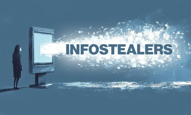 Stylized illustration of a woman watching data breach; the word 'INFOStealers' bursts from a computer screen.