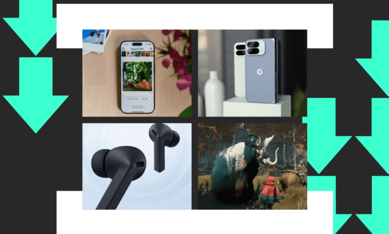 Collage of modern tech devices and a video game scene with a mammoth.
