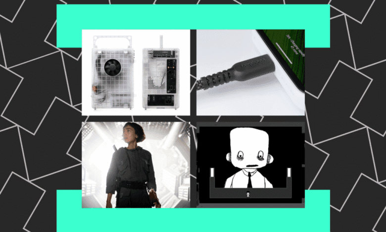 Tech collage: transparent PC case, charging cable, sci-fi film still, cartoon character.