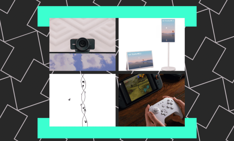 Collage showcasing tech gadgets: webcam, LG StanbyME 2, abstract art, and handheld gaming console.