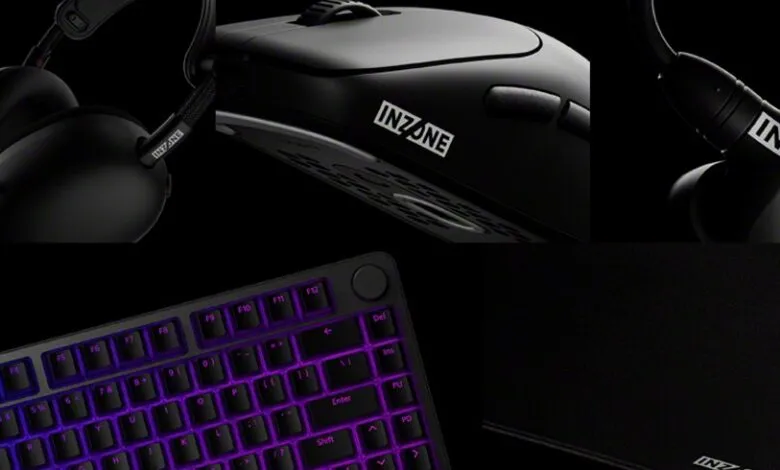 InZone gaming accessories: headphones, mouse, keyboard, and mousepad. Sleek black design with purple accents.