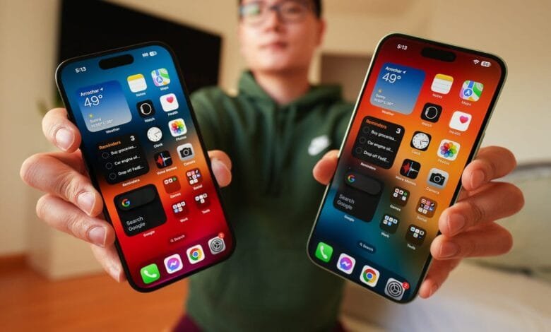 Hands hold iPhone 15 and iPhone 15 Plus, showcasing similar home screens with weather, reminders, and app icons.