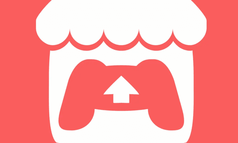 A stylized white game controller with an upward arrow inside a white shop awning against a coral background, symbolizing game uploads.