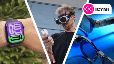 Collage of wearable tech: Apple Watch, VR headset, and Vive smart glasses. Modern design.