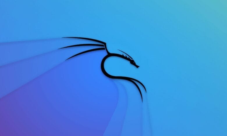 Kali Linux logo: A stylized black dragon on a gradient blue background.