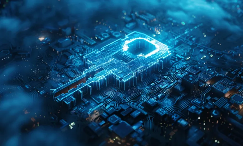 A glowing blue key embedded in a circuit board, representing digital security or access.