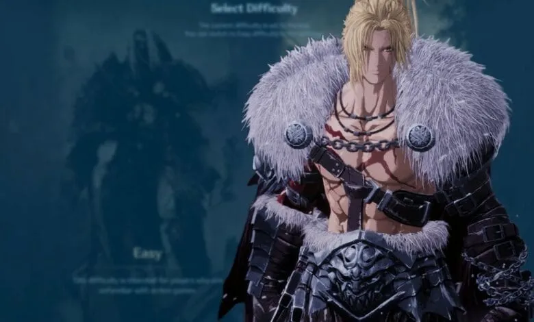 Khazan, a muscular blond character from Crisis Core: Final Fantasy VII Reunion, in fur-trimmed armor, stands before a difficulty selection menu.