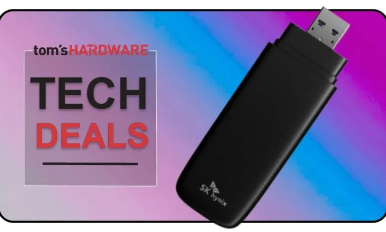 Black USB modem against a purple and blue gradient background; Tom's Hardware Tech Deals graphic in corner.