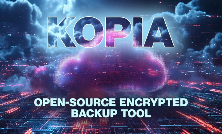Kopia logo above a stylized cloud of data, representing an open-source encrypted backup tool.