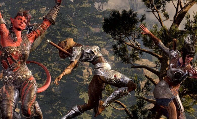 Three fantasy characters in dynamic poses against a forest backdrop. One is red-skinned, another wears silver armor, and the third is in dark armor.