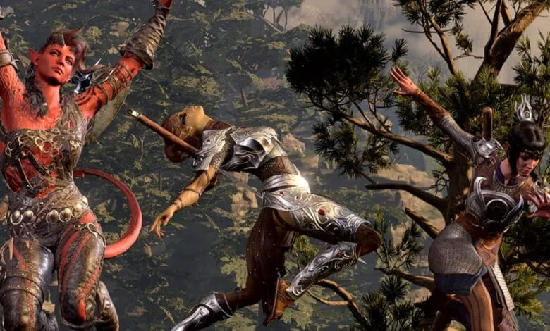 Three fantasy characters in dynamic poses against a forest backdrop. One is red-skinned, another wears silver armor, and the third is in dark armor.