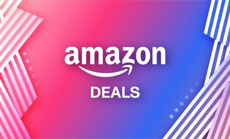 Amazon logo with deals text on a pink and blue background with American flag-themed stripes.