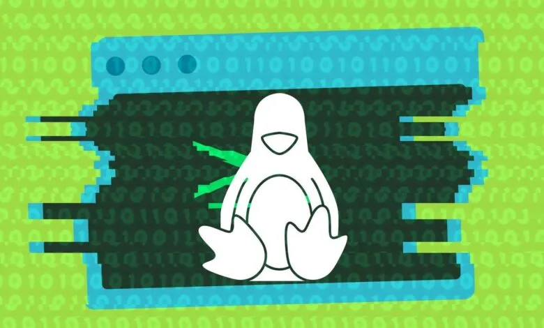 Linux penguin logo displayed on a glitching computer screen with binary code background.